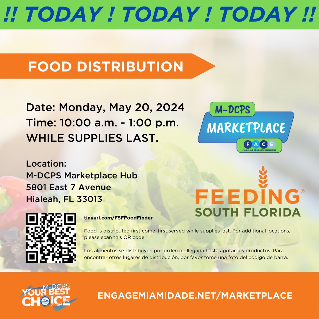 Join us TODAY at our Hialeah Hub M-DCPS Marketplace for a free fresh food distribution from 10:00 a.m. to 1:00 p.m. #YourBestChoiceMDCPS #HialeahFoodDistribution #FeedingSouthFL @MDCPS @cityofhialeah