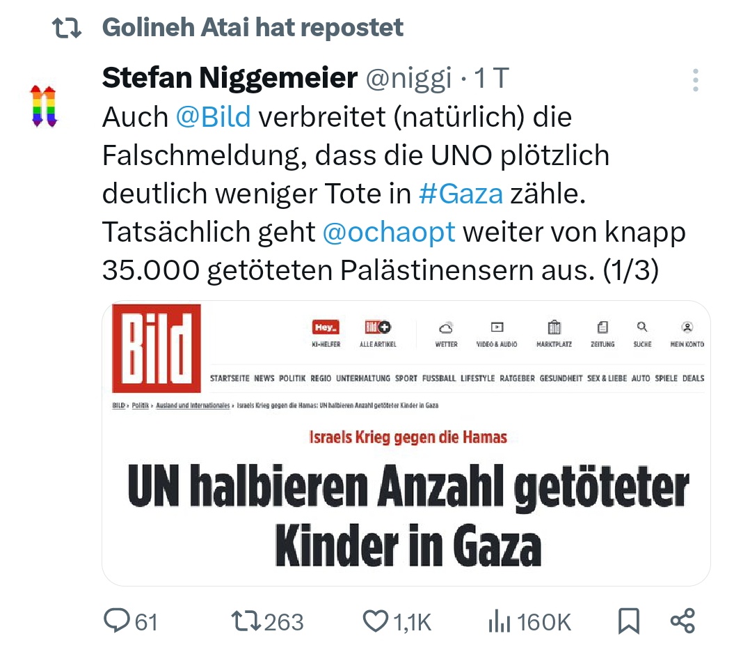 Auch zwei ÖRR-Journalistinnen verbreiten durch Retweets die Desinformation von Niggemeier über die geänderten OCHA-Zahlen: Jasamin Ulfat von Deutschlandfunk Kultur und Golineh Atai vom ZDF