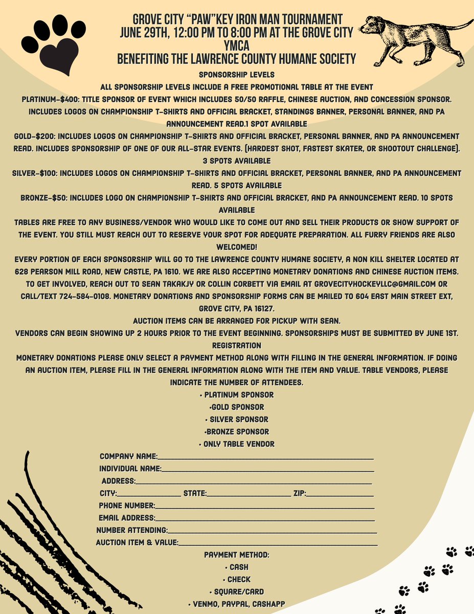 We are about 6 weeks away from June 29th! Sponsorships are still available including 2 free vendor tables.  Proceeds benefit the The Humane Society of Lawrence County PA. Reach out to our email, grovecityhockeyllc@gmail.com for more information or questions!