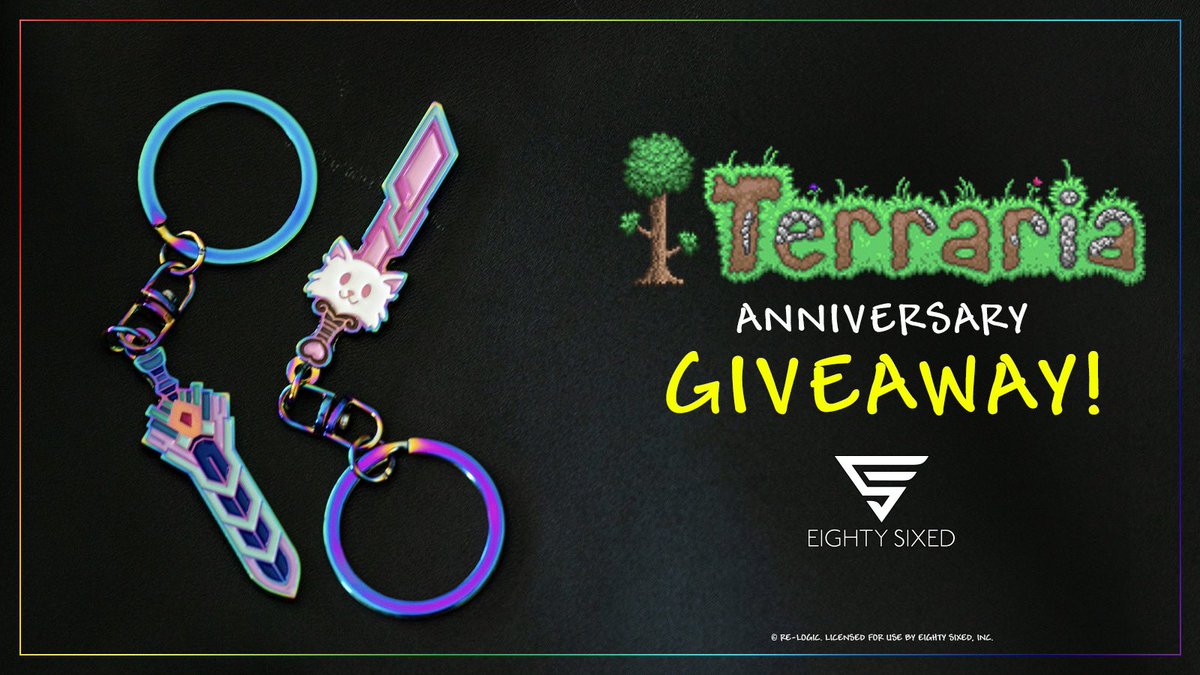 It's Terraria's anniversary! To celebrate, @EightySixed is giving away the Zenith keychain and Meowmere keychain! Just make sure you're following @EightySixed and @Terraria_Logic, and re-post to enter! Winner will be selected in 24 hours and notified via DM