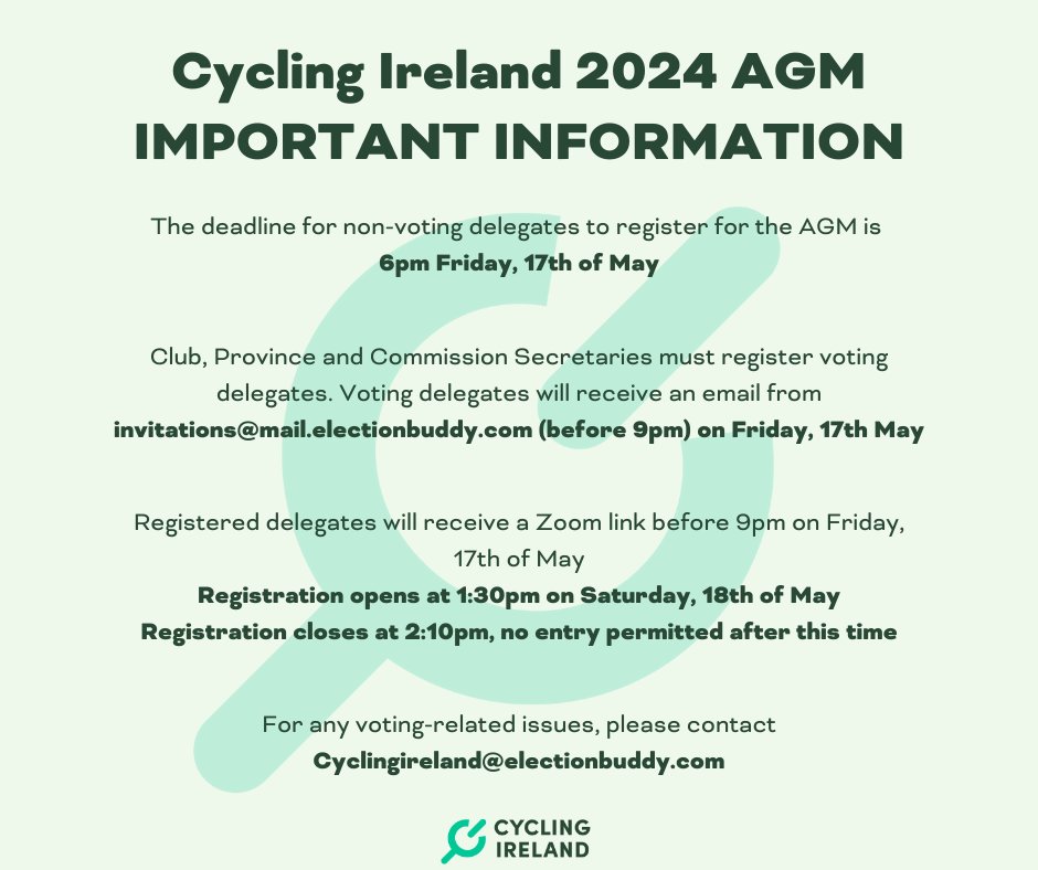 𝐀𝐆𝐌 𝐈𝐦𝐩𝐨𝐫𝐭𝐚𝐧𝐭 𝐈𝐧𝐟𝐨𝐫𝐦𝐚𝐭𝐢𝐨𝐧 Looking forward to the Cycling Ireland AGM on Saturday, 18th of May at 2pm via Zoom. #CyclingForAll