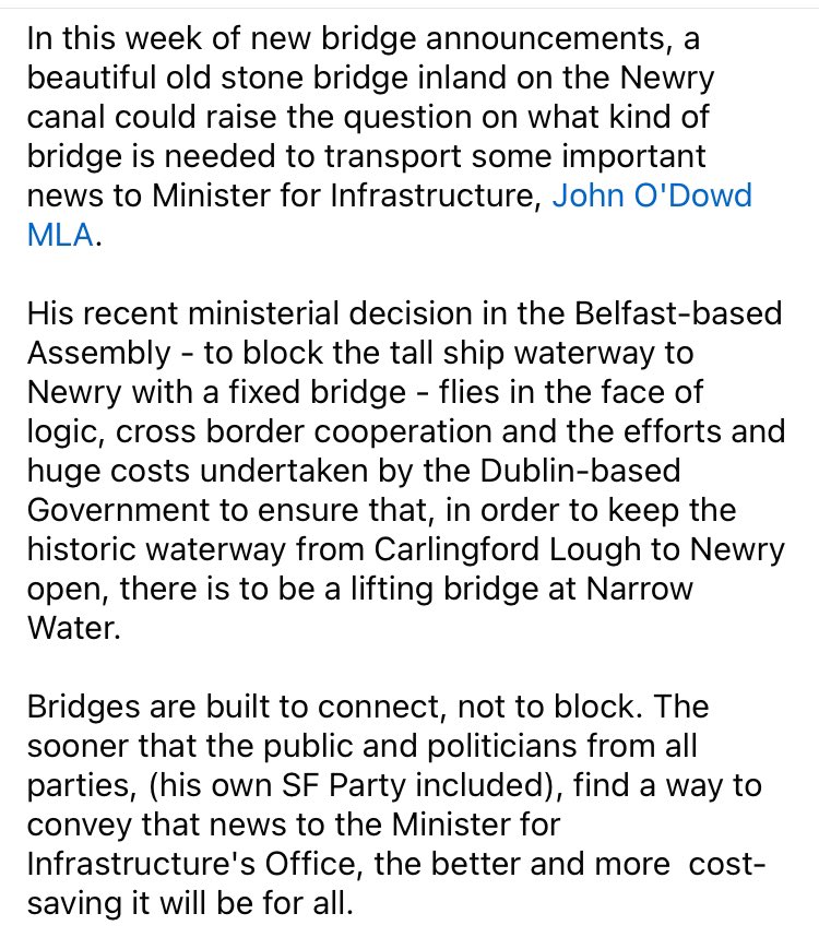 In this week of new bridge announcements, a beautiful old stone bridge inland on the Newry canal could raise the question on what kind of bridge is needed to transport some important news to @sinnfeinireland and Minister for Infrastructure, John O'Dowd MLA…

#SystemFailNI