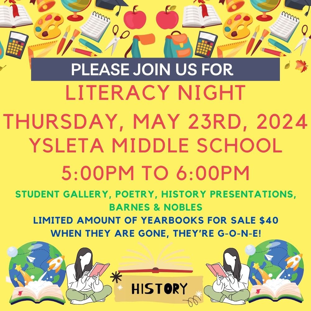 Inviting all families to join us on Thursday, May 23 @YsletaMS for our Literacy Night from 5 - 6 pm! @YISDLibServices @YsletaISD @PK8Academics @JosePerYMS @Gonzalez_YMS