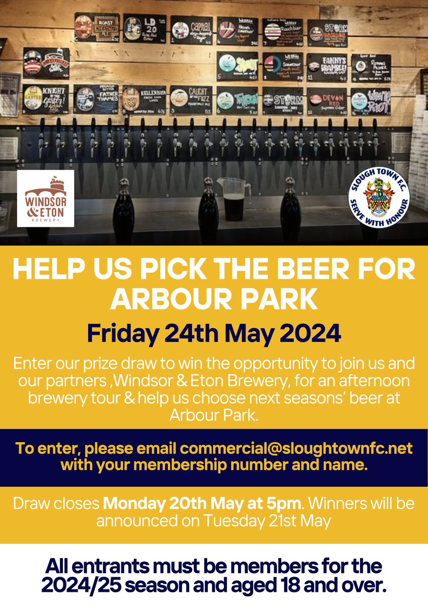 Win the chance to tour the Windsor & Eton Brewery and select the beers on offer at Arbour Park next season! 🍻 2024/25 members over the age of 18 can enter our exclusive prize draw. For more details, visit sloughtownfc.net. #OneSlough