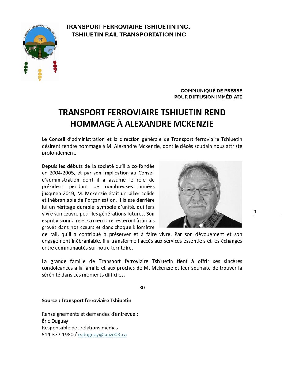 COMMUNIQUÉ -  Transport ferroviaire Tshiuetin rend hommage à Alexandre Mckenzie 
#hommage #tshiuetin #héritage #peuplesautochtones