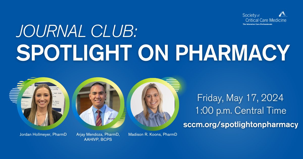 Don't miss Friday's Spotlight on Pharmacy webcast! Topics: inhaled amikacin to prevent ventilator-associated pneumonia, ceftobiprole to treat staphylococcus aureus bacteremia, & CRYOSTAT-2 randomized clinical trial sccm.org/spotlightonpha… @SCCM_CPP #pharmicu #sccmcppjc #SCCMSoMe