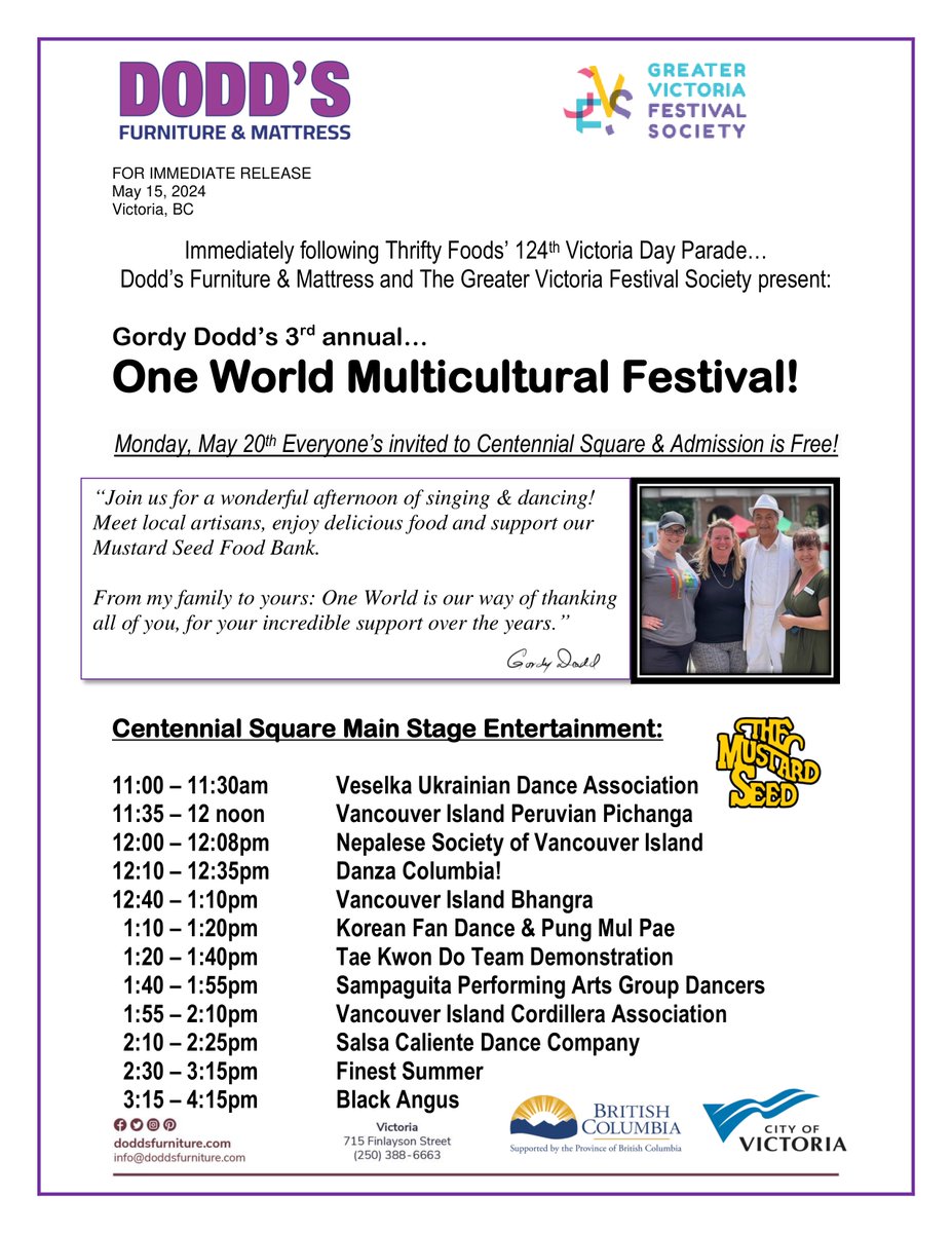 It's one of our favourite days of the year: Victoria Day Monday, from 11-4 <a href="/DoddsFurniture/">Dodd's Furniture & Mattress</a> and <a href="/gvfsvic/">GVFestivalSociety</a> present: Gordy Dodd’s 3rd annual "One World Multicultural Festival" in support of <a href="/MustardSeedVic/">The Mustard Seed Street Church</a> Food Bank. Everyone is Welcome and admission is FREE!