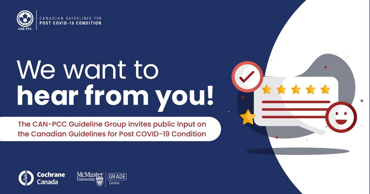 We invite you to share your feedback on a survey on the Canadian Guidelines for Post COVID-19 Condition.
Please visit the CAN-PCC website to complete this survey and learn more. Survey closes on Wednesday May 22, 2024 at 11:59 PM EDT.
canpcc.ca/public-comment/