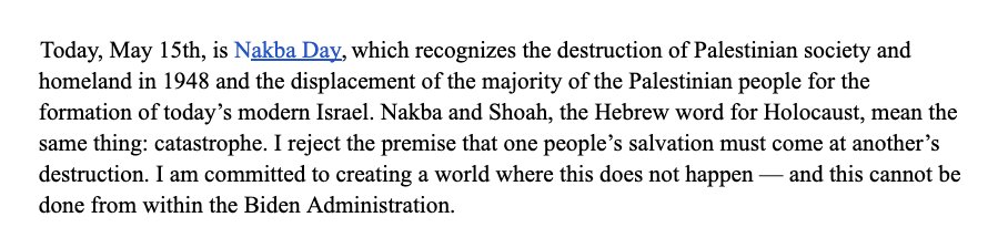 Greenberg Call is the first Jewish appointee to resign from the Biden Administration in protest of the President’s “continued support for Israel’s genocide in Gaza.” She is resigning on the 76th anniversary of the Nakba. She writes: