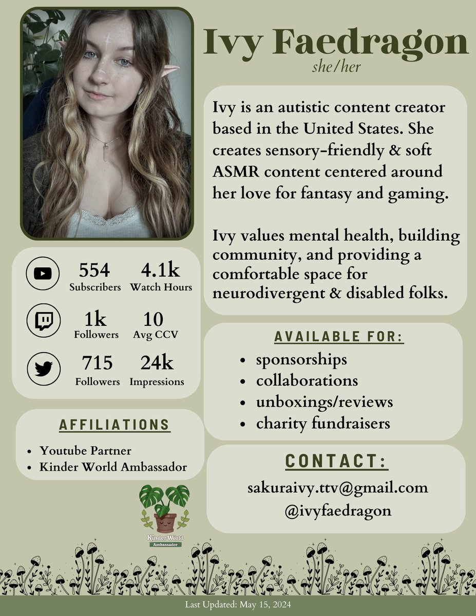 I’m Ivy; a soft, autistic content creator. I make low-sensory & ASMR content on all platforms ✨ I am passionate about mental health and creating a neurodivergent-friendly space 🩶 🌿 linktr.ee/IvyFaedragon 💌 sakuraivy.ttv@gmail.com