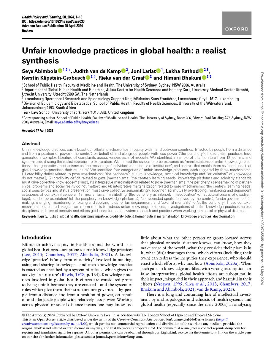 Please read our new @HPP_LSHTM paper: “Unfair knowledge practices in global health: a realist synthesis” doi.org/10.1093/heapol… We systematise the complaints literature in GH using epistemic injustice + pose/gaze + realist frameworks. HT: Prince @ClausChair & @arc_gov_au DECRA