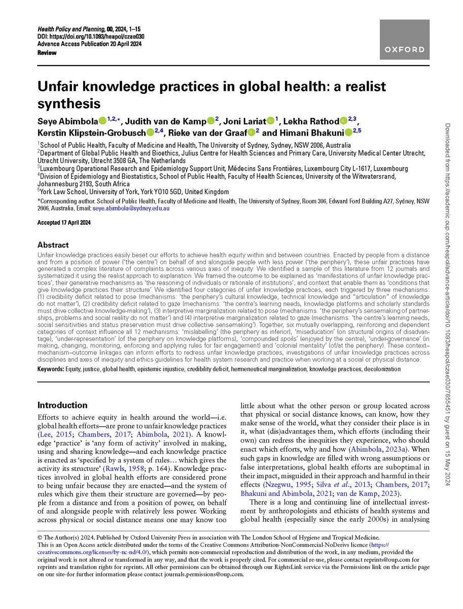 Ṣẹ̀yẹ Abímbọ́lá (@seyeabimbola) on Twitter photo Please read our new <a href="/HPP_LSHTM/">HealthPolicyPlanning</a> paper: “Unfair knowledge practices in global health: a realist synthesis” doi.org/10.1093/heapol…
We systematise the complaints literature in GH using epistemic injustice + pose/gaze + realist frameworks.
HT: Prince <a href="/ClausChair/">Prince Claus Chair</a> & <a href="/arc_gov_au/">Australian Research Council</a> DECRA Please read our new <a href="/HPP_LSHTM/">HealthPolicyPlanning</a> paper: “Unfair knowledge practices in global health: a realist synthesis” doi.org/10.1093/heapol…
We systematise the complaints literature in GH using epistemic injustice + pose/gaze + realist frameworks.
HT: Prince <a href="/ClausChair/">Prince Claus Chair</a> & <a href="/arc_gov_au/">Australian Research Council</a> DECRA