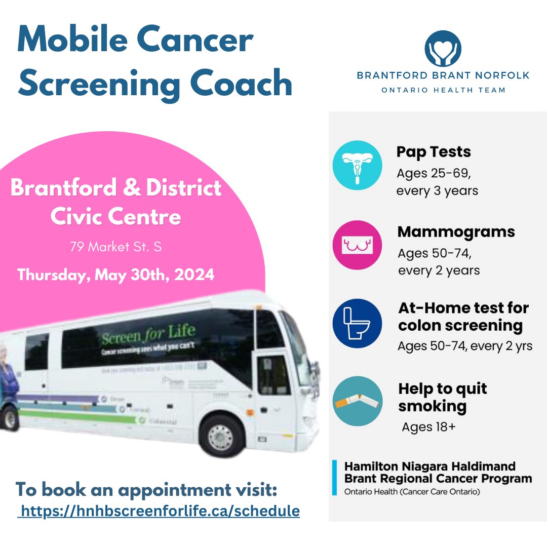 May 30th, 9:00am-3:00pm the HNHB Mobile Cancer Screening Coach will come to Brantford for the first time bringing breast, cervical and colon cancer screening  to residents experiencing  barriers such as not having a doctor. Click the link to learn more; bbnoht.ca/events/cancer-…