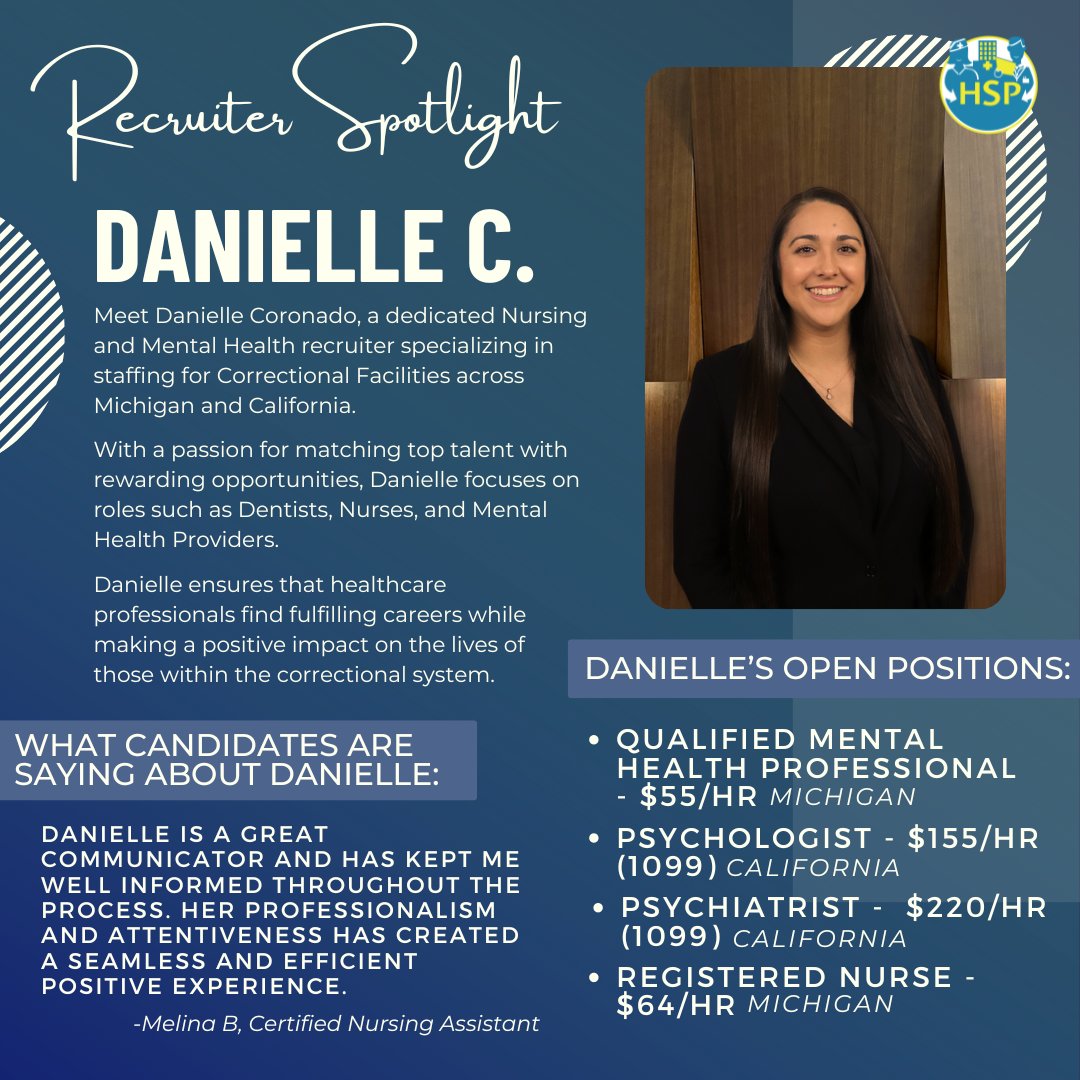 Discover the passion and expertise Danielle brings to healthcare recruitment for correctional facilities. Send your resume to apply@hsp-inc.com to start your journey towards a meaningful career. #RecruiterSpotlight #JoinOurTeam #MeetTheRecruiters #CareerChange