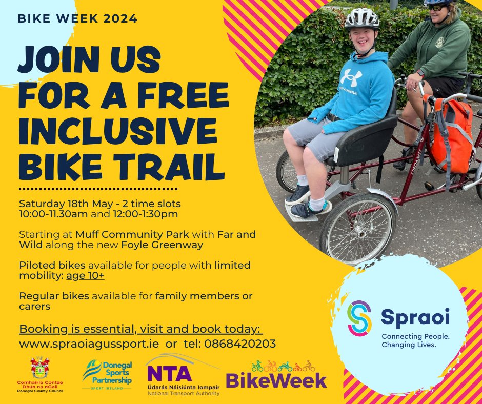 🚲 Join us for a free and inclusive bike trail starting at Muff Community Park in partnership with Far and Wild, along the new Foyle Greenway this Saturday, May 18th. For ages 10+ and booking is essential. spraoi-agus-sport.classforkids.io/term/767 #Inclusivity @donegalcouncil @ActiveDonegal