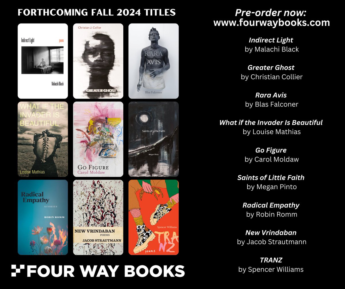 We're thrilled to announce that our Fall 2024 titles are officially available for pre-order now:
fourwaybooks.com/site/fall-2024/

#mustreadbooks
#forthcoming
#readindie