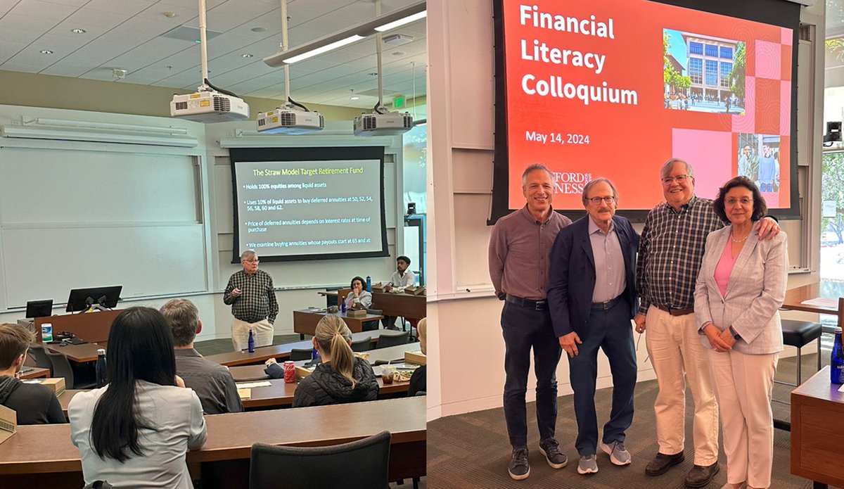 The speaker at the Financial Literacy Colloquium this month was our own John Shoven. He presented his work on 'Target retirement fund: A variant on target date funds that uses deferred life annuities rather than bonds to reduce risk as retirement approaches.'
