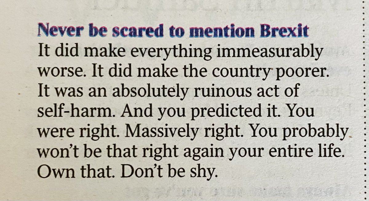 @gavinesler Let’s not obey that rule. Let’s mention Brexit. Let’s ridicule it and despise it. Let’s expose it for the epically damaging moronathon that it is. A great rule for life from Martin Samuel (The Times).