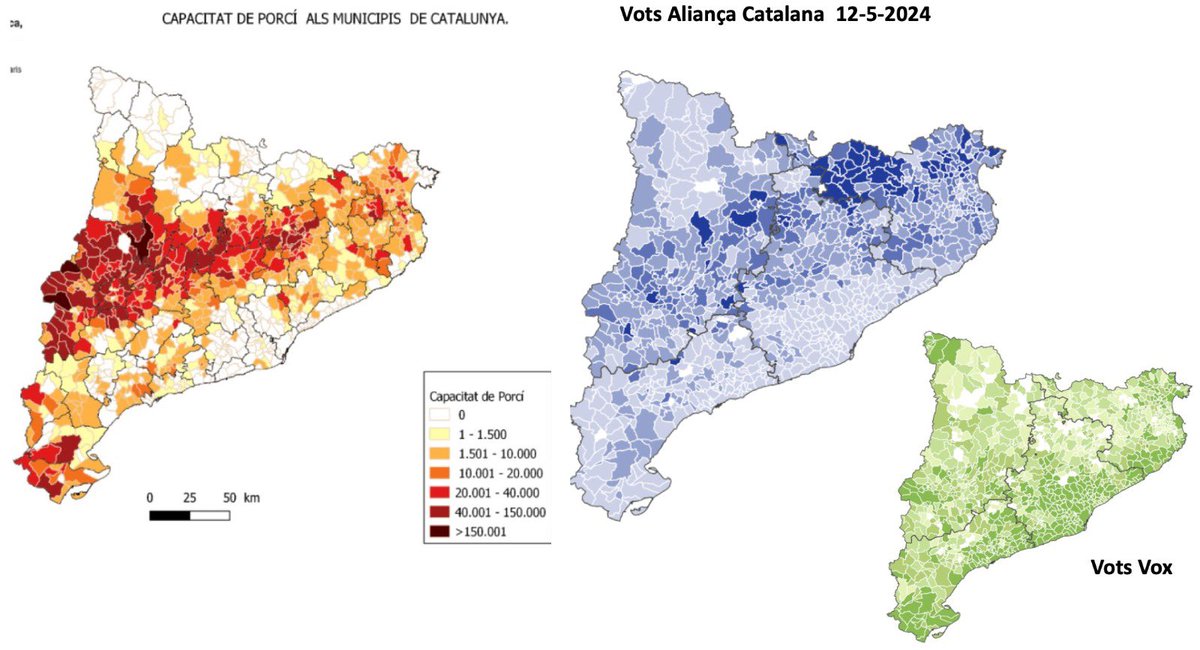 En el meu últim TFM vaig batejar l’àrea de producció de porcí a Catalunya (a l’esquerra) com a Fuet Belt. Observem una correlació entre el Fuet Belt amb el vot a Aliança Catalana (a la dreta). Tal vegada aquesta indústria se sustenti gràcies una certa mena d’immigració?