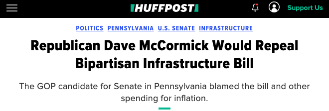 The infrastructure law repairs our roads and bridges, cleans our water, and expands broadband to every community. 

<a href="/DaveMcCormickPA/">Dave McCormick</a> doesn’t want to invest in PA and would repeal this bill - leaving critical funding on the table while our infrastructure crumbles.