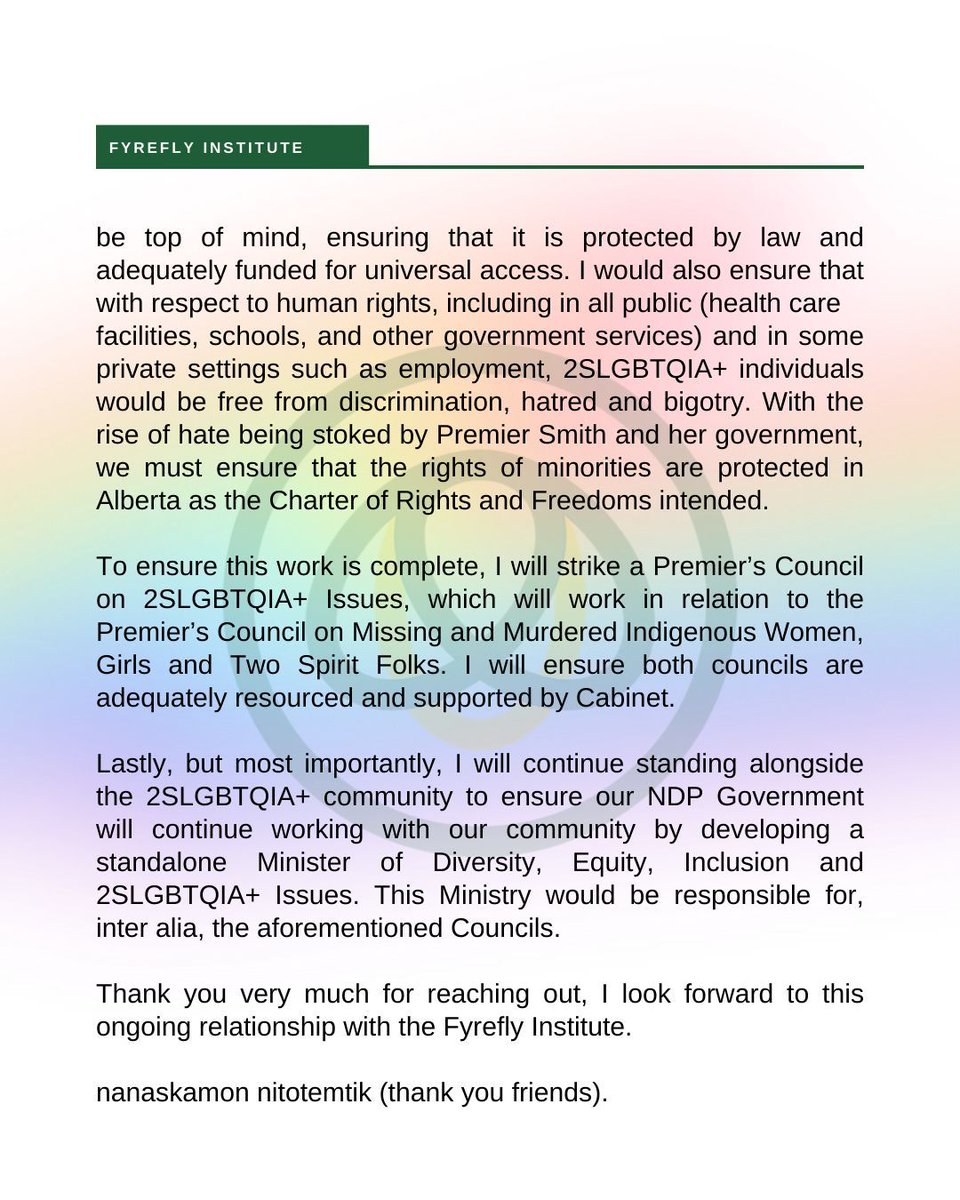 Earlier this month, <a href="/fyrefly/">fyrefly</a>.institute reached out asking me about what I would do for the 2SLGBTQIA+ community as leader of the Alberta NDP. 

Here is where I stand on issues, and here are my commitments to you! 

We are stronger together 🏳️‍🌈🏳️‍⚧️