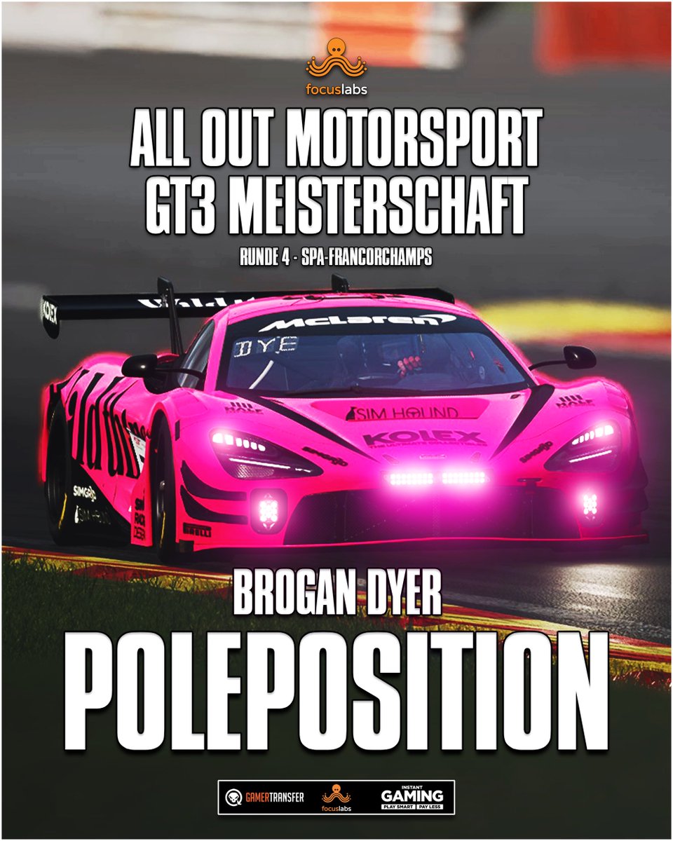 POLE für Brogan Dyer in Spa!🇧🇪 1) Brogan Dyer 2) Wyatt Motz 3) Dennis Vormstein 4) Jan Fenryr 5) Sidney Motz Jeden 2. Mittwoch um 19 Uhr, LIVE auf Twitch! twitch.tv/alloutmotorspo… #alloutmotorsport #F1 #simracing