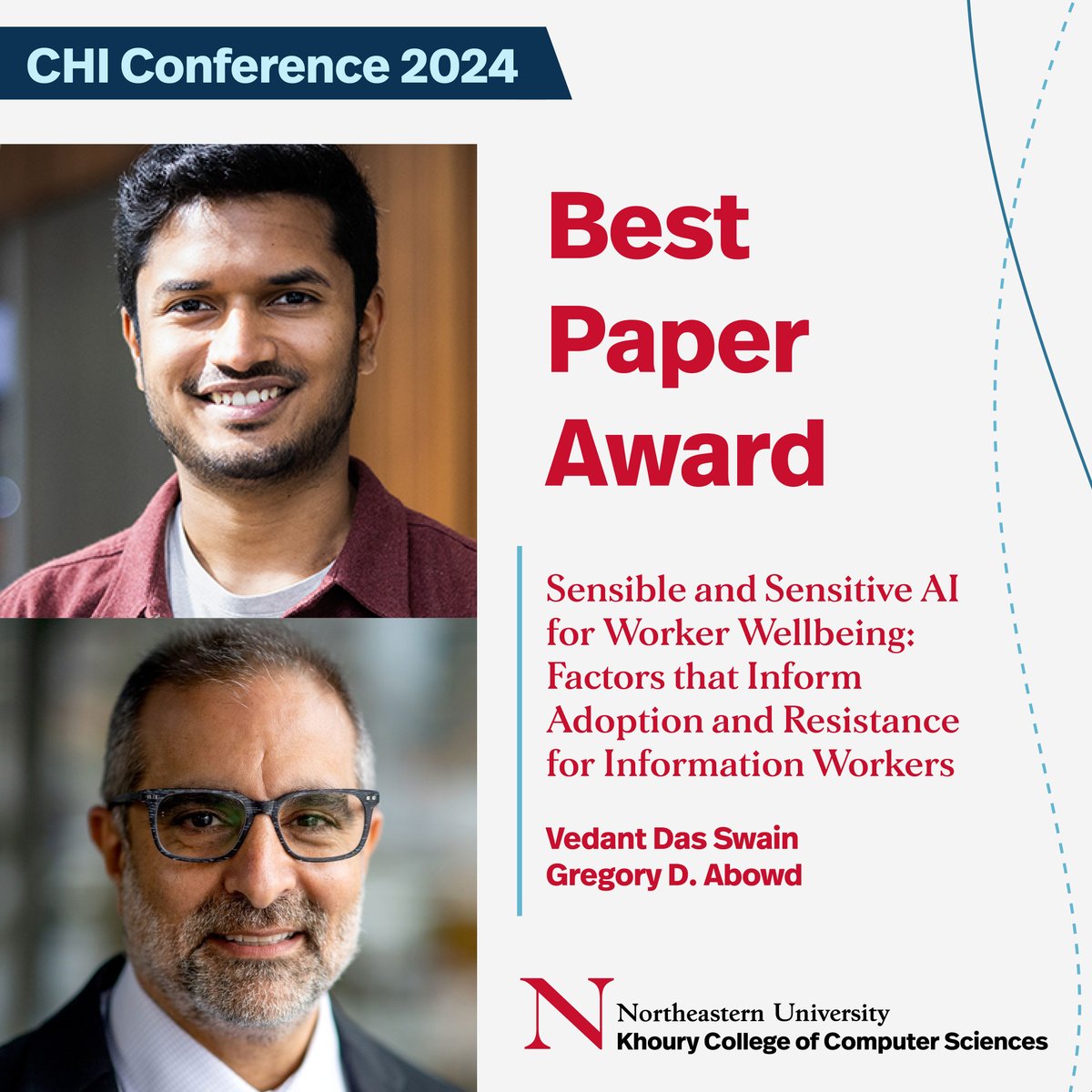 Congratulations to Vedant Das Swain and Gregory D. Abowd for receiving the Best Paper for 'Sensible and Sensitive AI for Worker Wellbeing: Factors that Inform Adoption and Resistance for Information Workers,' about Passive Sensing–enabled AI! Learn more bit.ly/3ycS2gL