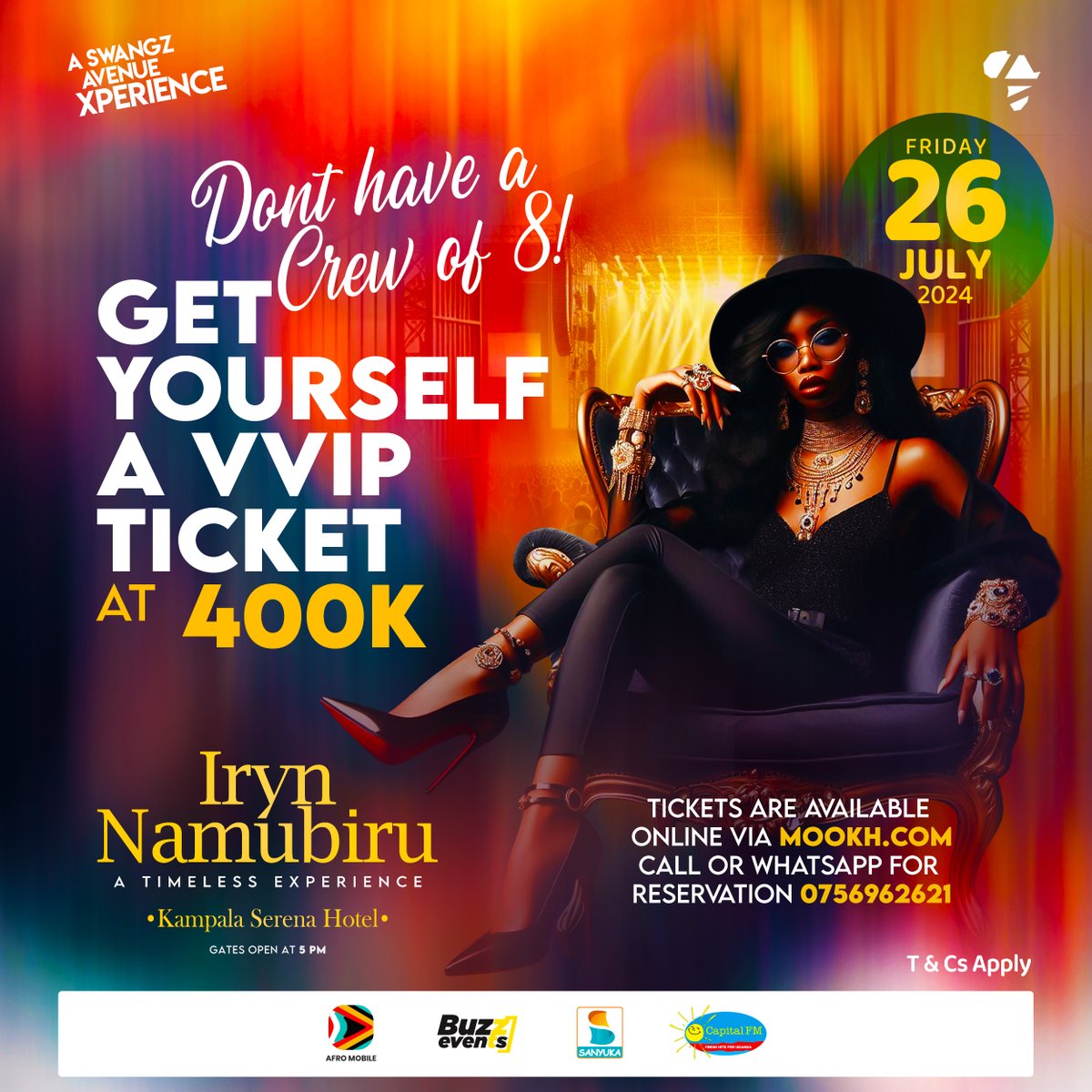 Concerts are beautiful to attend, but attending them the VVIP way makes the concert an unforgettable experience.

@irynnamubiru & @Swangz_Avenue have set aside a VVIP treat just for you to enjoy the #TimelessExperience, at a fee of only 400K.

Ticket Link:
mookh.com/event/iryn-nam…