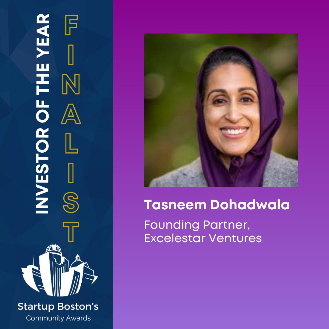 We are excited to share that our Founding Partner Tasneem is a finalist for @startupBOSorg's 'Investor of the Year' Award!   

Voting is open until May 24th - and you can vote once per day!: startupbos.info/finalist 

#InnovatoroftheYear #StartupsBoston