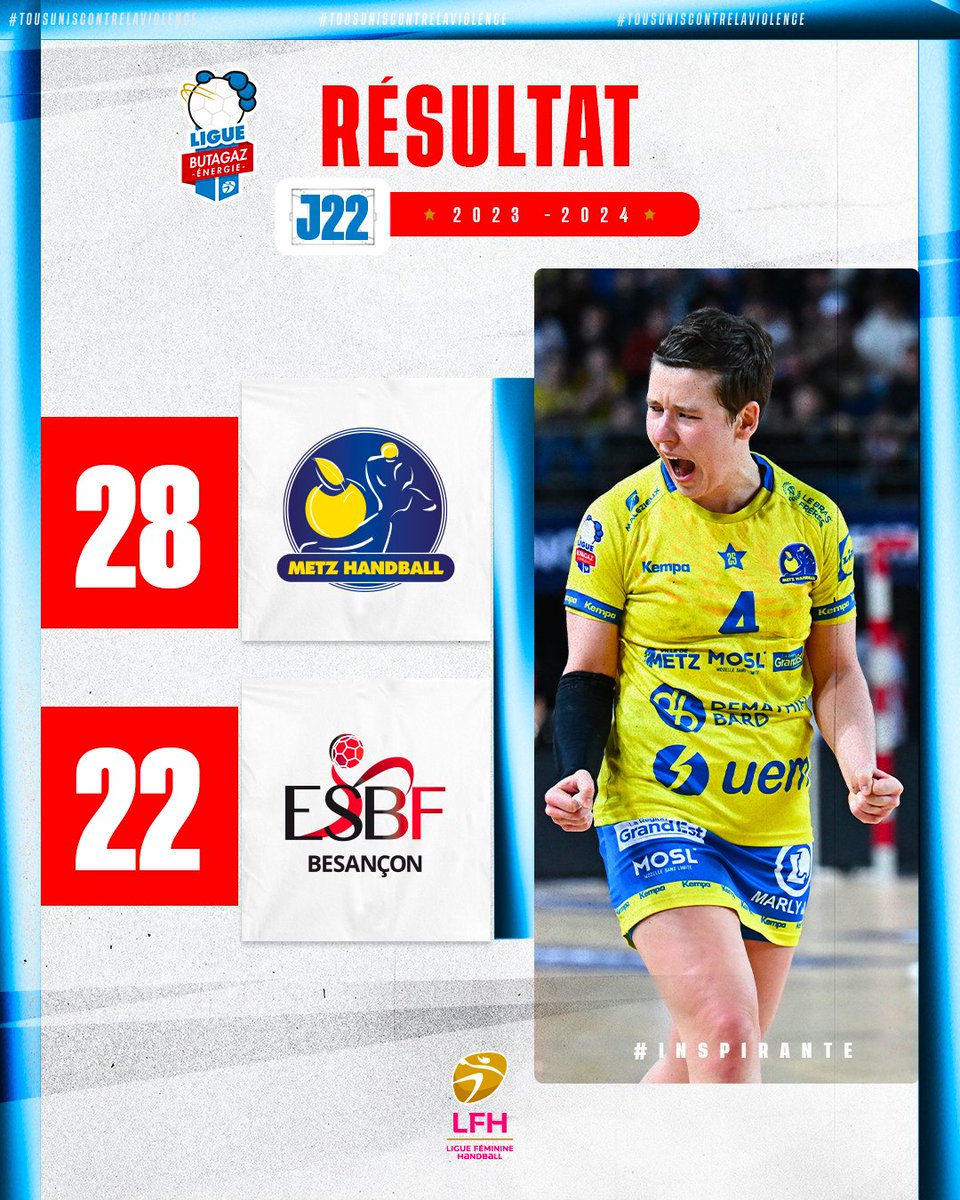 ✊ @MetzHandball  remporte son match en retard face à l'@ESBF_Handball et prend les commandes du championnat à 2️⃣ journée de la fin du championnat 

🙌 Les Dragonnes🐲 se rapprochent d'un 26e titre 🇫🇷
📊 Stats 👉 ligue-feminine-handball.fr/en-live/?journ…

#inspirante 
#LigueButagazEnergie