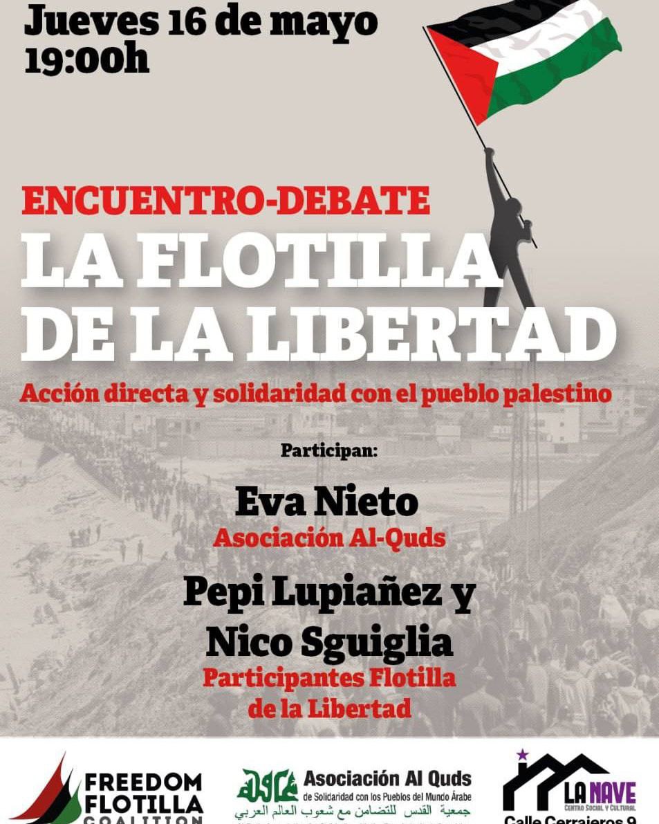 Mañana Jueves 16 participantes de la @GazaFFlotilla estarán en @lanavemalaga contando su experiencia, entre ellos nuestro compañero y concejal @NicoSguiglia. Hablaremos sobre el movimiento global en solidaridad con el pueblo palestino. Ahí nos vemos! #StopTheGenocide