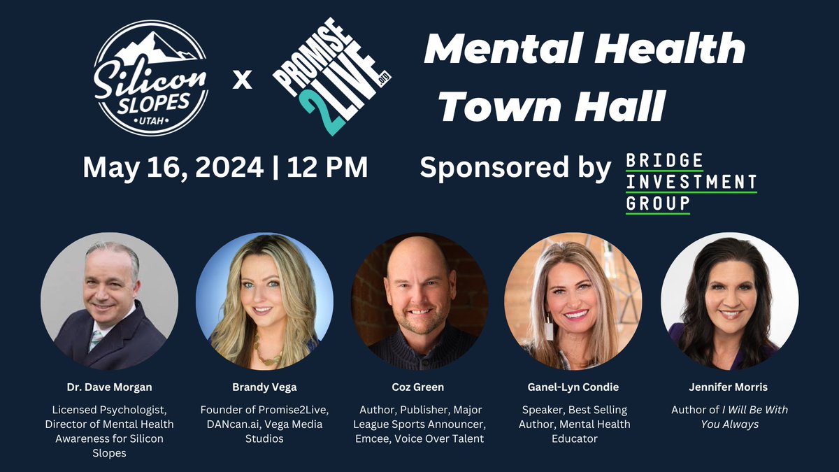 Join us tomorrow for the Silicon Slopes & Promise2Live Mental Health Town Hall at Silicon Slopes HQ from 12:00 - 2:00 P.M. We will hear from the following community leaders: David T. Morgan PhD - Licensed Psychologist, Director of Mental Health Awareness for Silicon Slopes