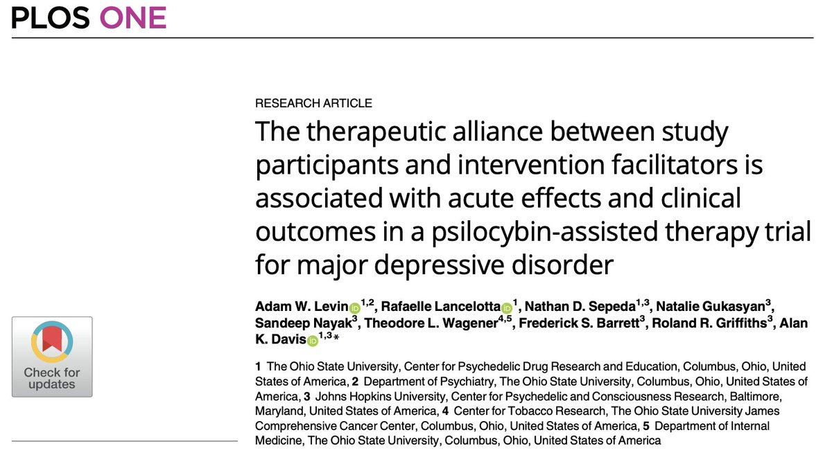 In an analysis of our randomized trial of psilocybin assisted therapy for MDD, we found that stronger therapeutic alliance was associated with improvements in depression up to one year later. Additionally, stronger alliance prior to psilocybin administration (after rapport with