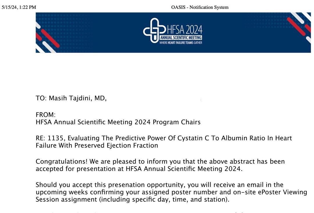 Masih Tajdini (@masihtajdini) on Twitter photo My abstract has been accepted for presentation at the HFSA 2024 . Many thanks to my wonderful mentors, <a href="/KSharmaMD/">Kavita Sharma</a> ,<a href="/VirginiaSHahnMD/">Virginia Shalkey Hahn, MD</a> and @dkassjhu for their invaluable guidance. <a href="/hopkinsheart/">Johns Hopkins Cardiology</a> <a href="/HopkinsMedicine/">Johns Hopkins Medicine</a> <a href="/HFSA/">HFSA</a> My abstract has been accepted for presentation at the HFSA 2024 . Many thanks to my wonderful mentors, <a href="/KSharmaMD/">Kavita Sharma</a> ,<a href="/VirginiaSHahnMD/">Virginia Shalkey Hahn, MD</a> and @dkassjhu for their invaluable guidance. <a href="/hopkinsheart/">Johns Hopkins Cardiology</a> <a href="/HopkinsMedicine/">Johns Hopkins Medicine</a> <a href="/HFSA/">HFSA</a>
