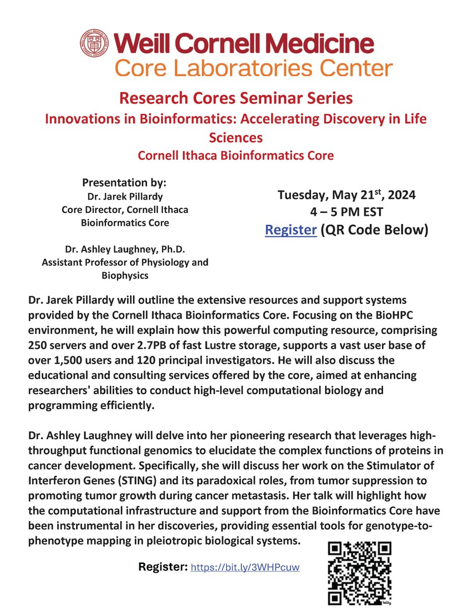 WCM Research Cores Seminar Series - Innovations in Bioinformatics: Accelerating Discovery in Life Sciences May 21 4pm-5pm