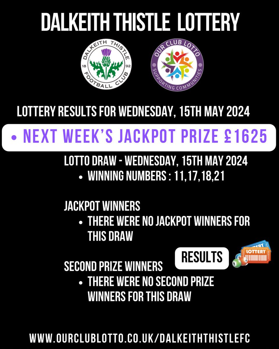 ⚫️⚪️ Play here every week to support The Jags on and off the park.

🏆 Next Week’s Jackpot Prize £1625

👉 ourclublotto.co.uk/play/dalkeitht…

#dalkeith #dalkeiththistle #monthejags #midlothian #clublotto