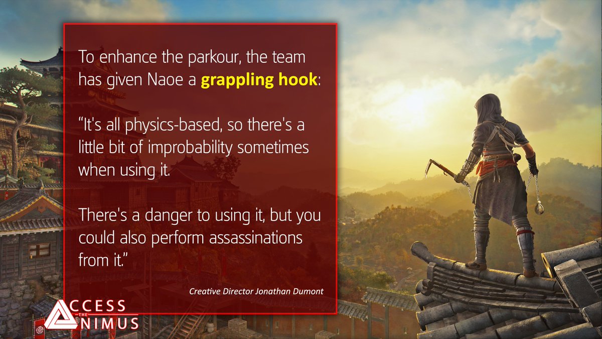 In #AssassinsCreed Shadows Naoe will have a grappling hook that will be useful for the parkour sessions - and the assassination sessions. It will be 'physics based' with a bit of 'improbability' and 'danger' in using it.