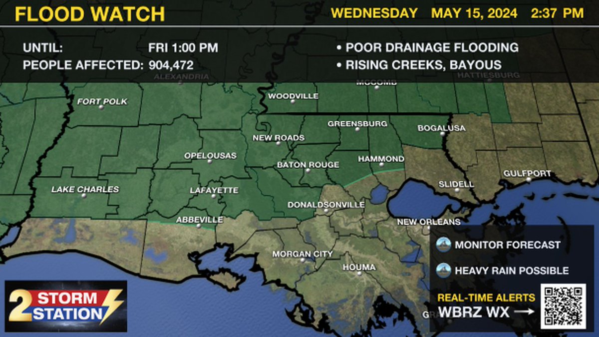 ***FLOOD WATCH*** for the shaded area. We'll have updated forecasts and post warnings, if issued. #LaWX #MsWX Our latest forecast: wbrz.com/weather