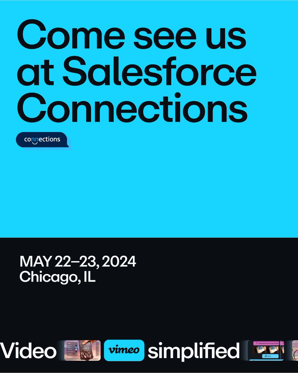 Vimeo is coming to this year’s @Salesforce Connections! 🥳 Make sure you stop by booth 425 to meet our team, snag some swag, and see for yourself what our powerful tools can do. See you in Chicago! 👋 #SalesforceConnections