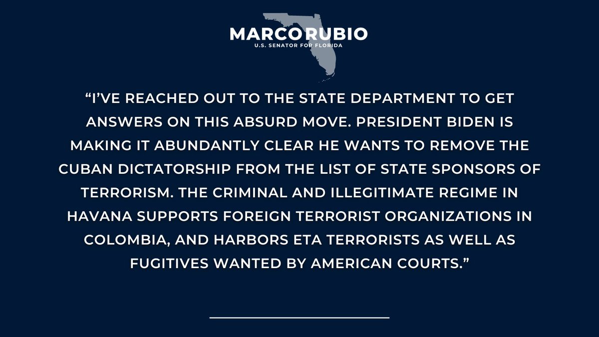 My comment following @StateDept's recent decision to remove Cuba from its list of countries that are not cooperating fully against terrorism👇🏽 reuters.com/world/americas…