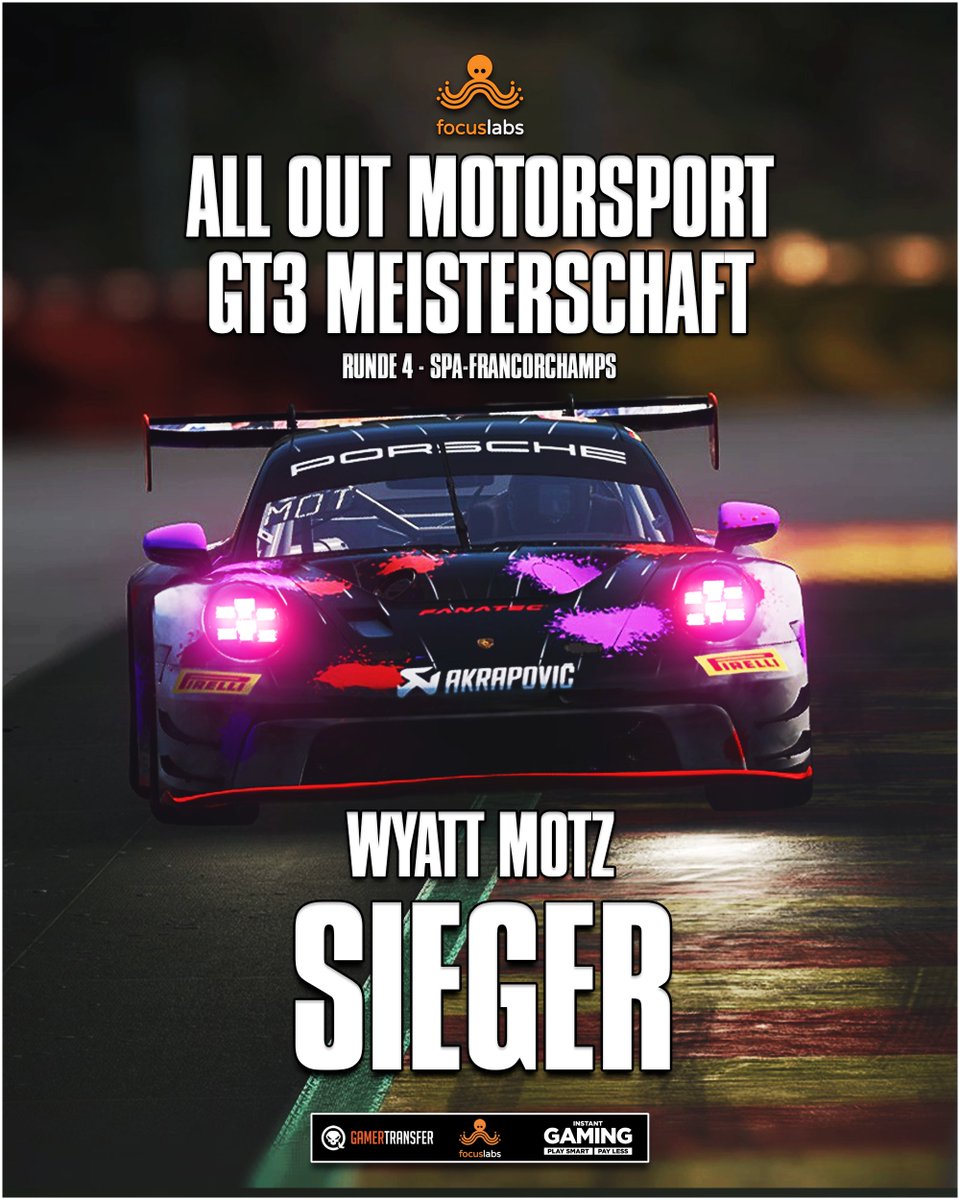 Es ist der SIEG für Wyatt Motz in Spa!🇧🇪 Damit ist er neuer WM-Spitzenreiter! 🏆 1) Wyatt Motz 2) Jan Fenryr 3) Brogan Dyer 4) Dennis Vormstein 5) Miko Mikov Das Saisonfinale am 28.05.24, LIVE auf Twitch! twitch.tv/alloutmotorspo… #alloutmotorsport #F1 #simracing