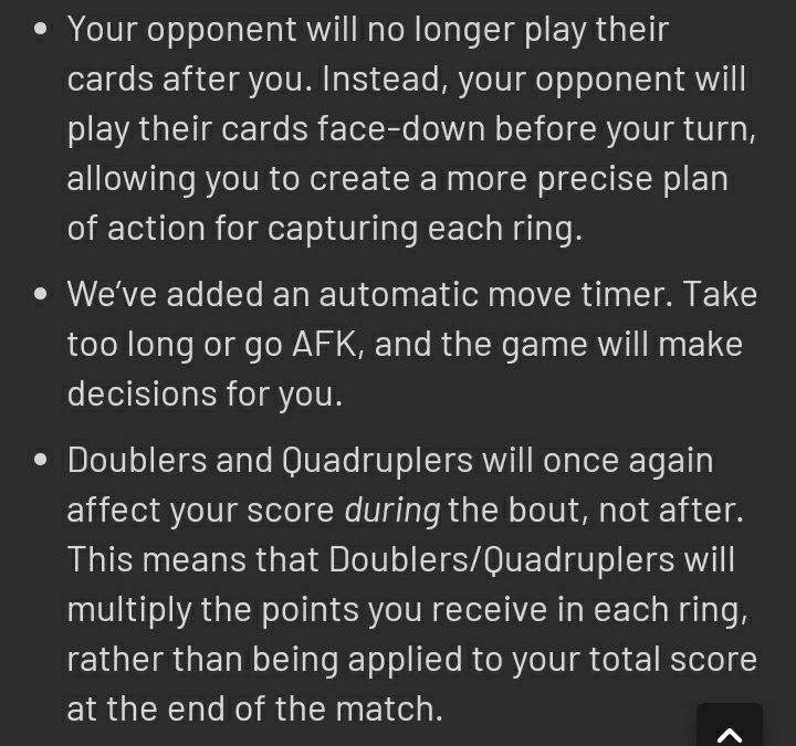 WarGames changes: • Your opponent will now play before your turn with their cards faced down • Automatic move timer, take too long and the game will move for you • Doublers/Quadruplers will now affect your points during the game instead of after #WWESuperCard