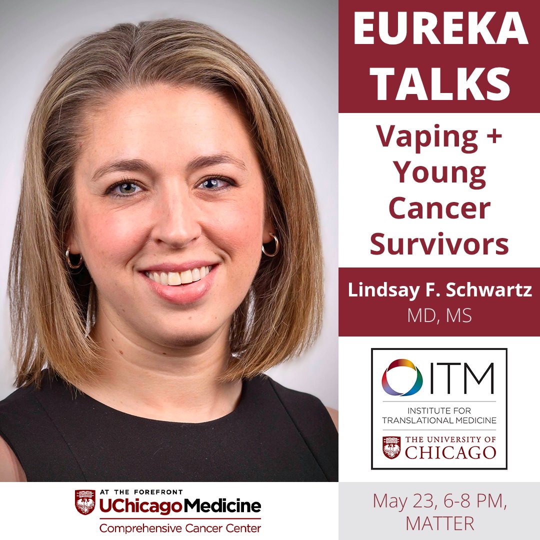 Who's speaking at Eureka Talks? 💡 Hear about Young Cancer Survivors + Vaping from @UChicago's Lindsay Schwartz 📢. Vote for your top talks and meet cool researchers on May 23! Tap the link to join the fun! chicagoitm.org/welcome-to-eur… 👈