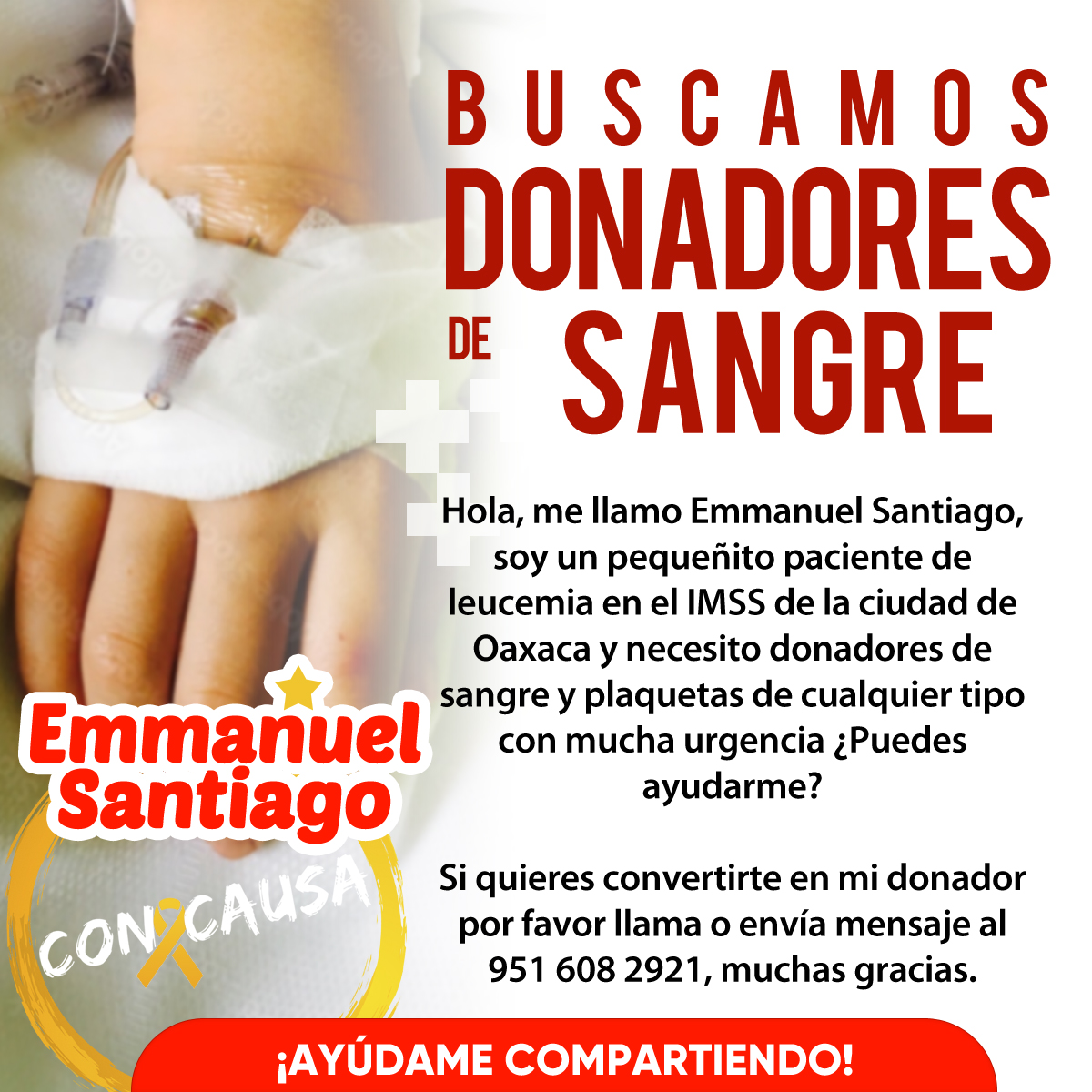 El pequeño Emmanuel necesita con urgencia donadores de sangre y plaquetas en el IMSS Oaxaca, ayúdanos compartiendo esta publicación y si puedes también donándole. #DonaSangre #ConCausa #Oaxaca #Urgente