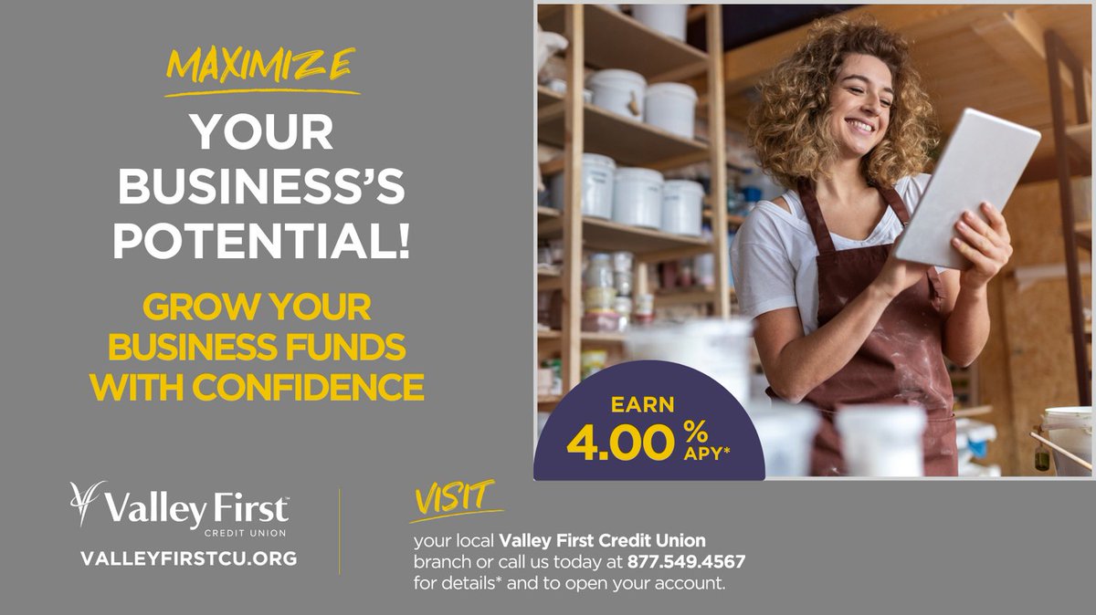 Don't miss out on this opportunity to optimize your business's financial growth! Earn 4% APY* with our Business Money Market Account. Start earning more on your deposits. *Visit your local branch or call for details. #ValleyFirstCreditUnion #BusinessMoneyMarket