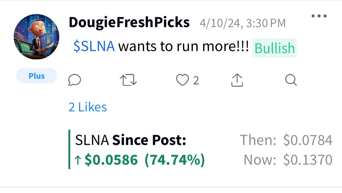 $SLNA I was early as usual and buying the dips. 

Hope u got in!!!