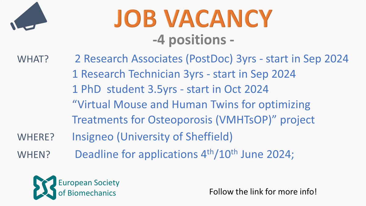 4 positions open at Insigneo (University of Sheffield) within the 'Virtual Mouse and Human Twins for optimizing Treatments for Osteoporosis' project, led by @E_DallAra More info 👉esbiomech.org/category/job-o…
