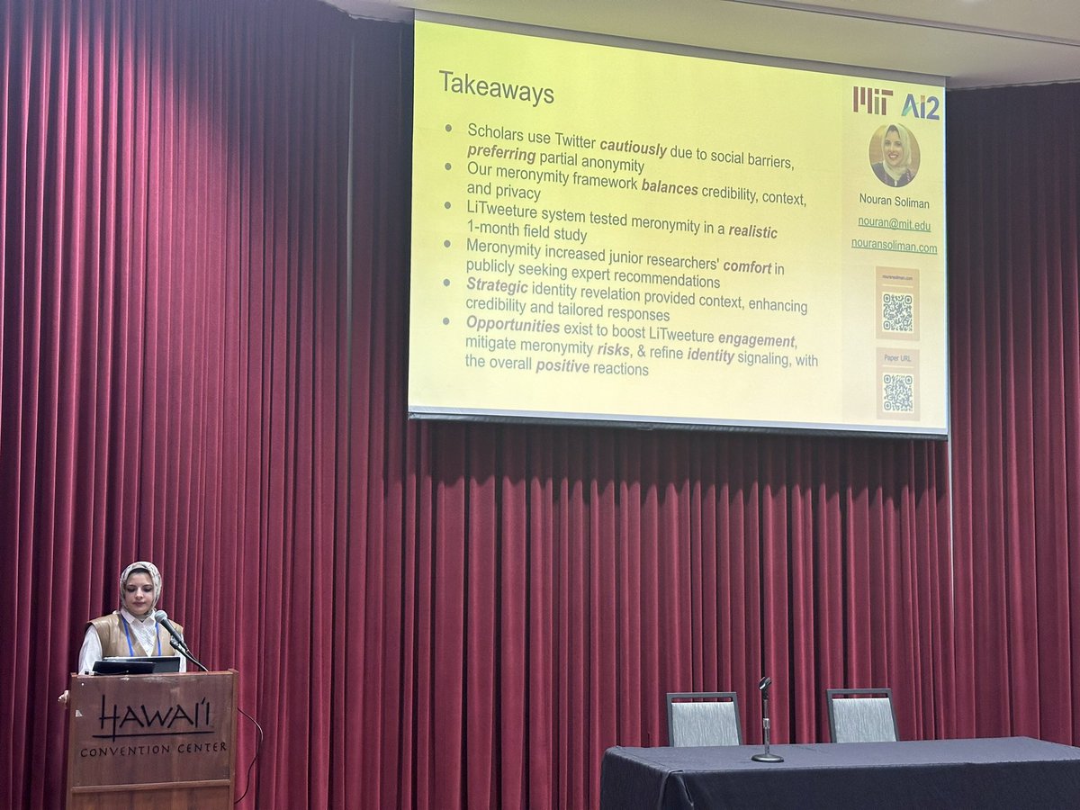Amy Zhang (@amyxzh) on Twitter photo Congrats to <a href="/nouranmsoliman/">Nouran Soliman</a> on a fantastic talk on her best paper awarded work on meronimity (mitigating barriers to engaging in public conversations with partial, self-selected, and verified identity signals)! 👏👏 Read the paper here: dl.acm.org/doi/10.1145/36… #chi2024 Congrats to <a href="/nouranmsoliman/">Nouran Soliman</a> on a fantastic talk on her best paper awarded work on meronimity (mitigating barriers to engaging in public conversations with partial, self-selected, and verified identity signals)! 👏👏 Read the paper here: dl.acm.org/doi/10.1145/36… #chi2024