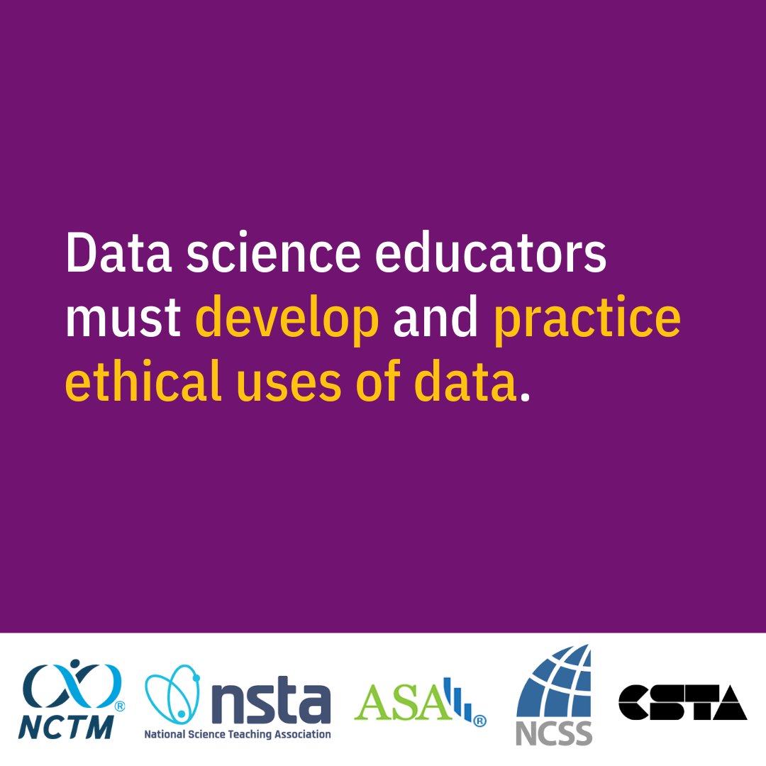 “Data science bridges disciplines and thus should be introduced and taught across the curriculum in K-12 schools to help develop informed users of data.” From the new joint #NSTA, @NCTM, @NCSSNetwork, @csteachersorg & ASA position statement on #datascience bit.ly/44JrkIK