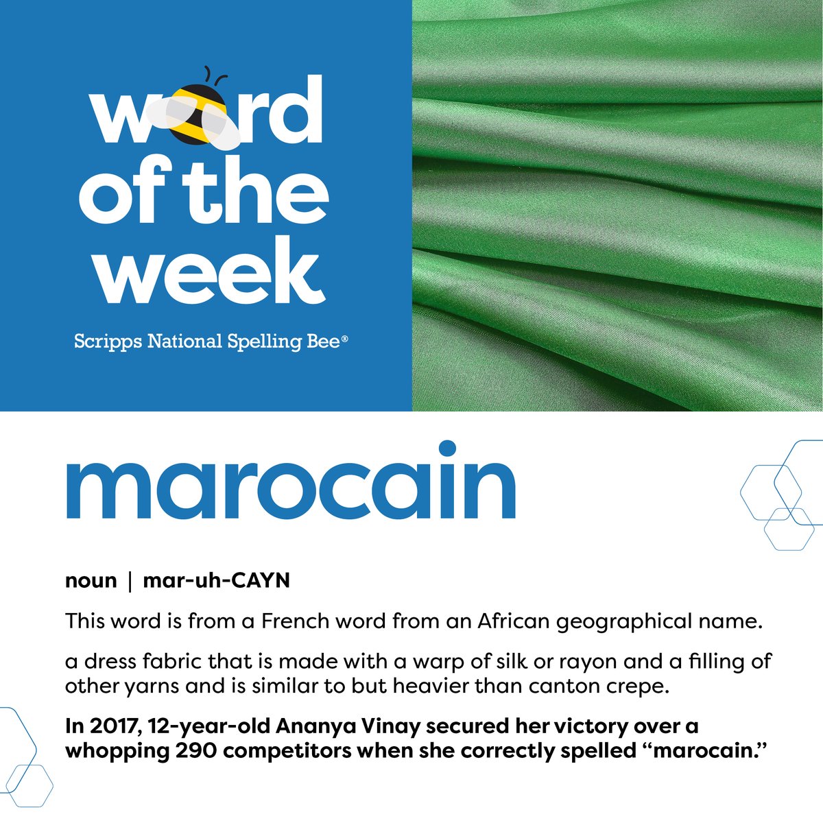 On a scale from 1 to 10, how likely would you be to correctly spell 'marocain' in a spelling bee? @MerriamWebster, the official dictionary of the Scripps National Spelling Bee. #wordoftheweek #spellingbee
